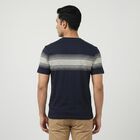 Men's Navy Blue Cotton Round Neck Striped Regular T-Shirt, नेवी ब्लू, small
