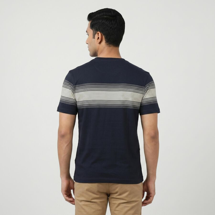 Men's Navy Blue Cotton Round Neck Striped Regular T-Shirt, नेवी ब्लू, large