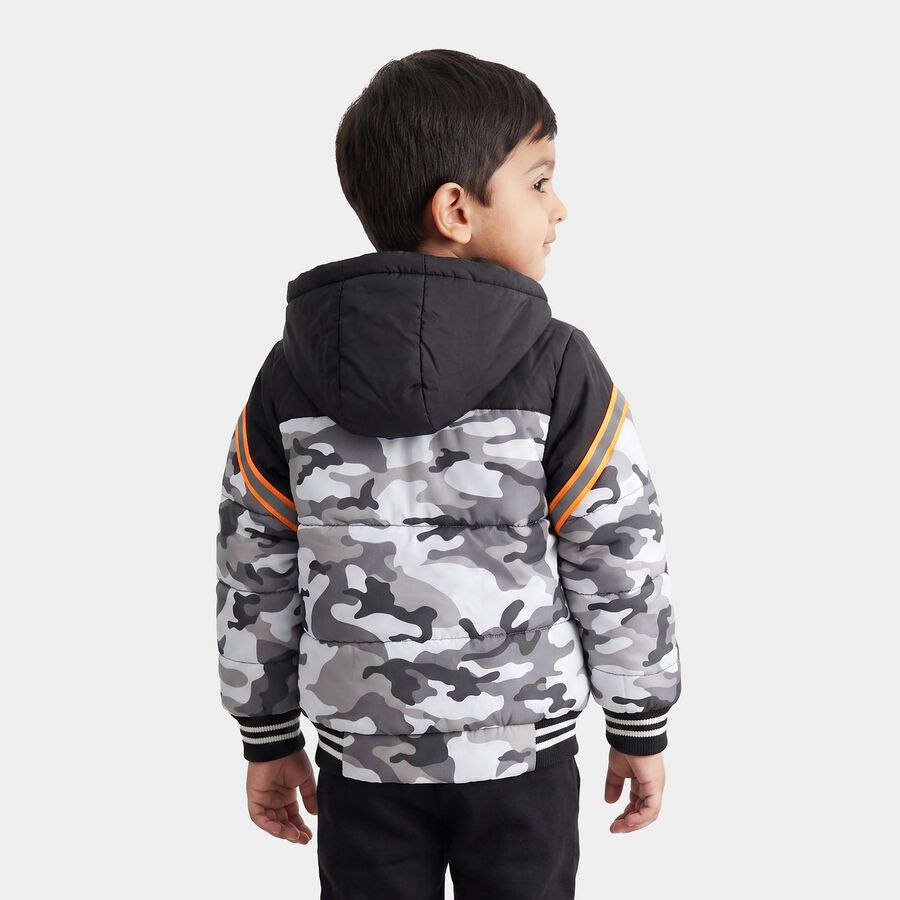 Boys Grey Hooded Puffer Jacket, Dark Grey, large