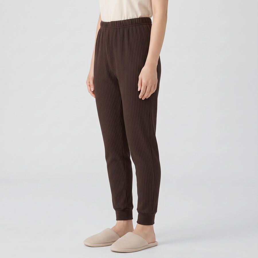 Women's Brown Ribbed Thermal, भूरा, large