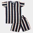 Boys Navy Blue Round Neck Striped Baba Suit, Navy Blue, small