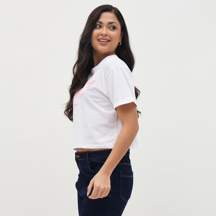 Women's Bright Snow White Cotton Round Neck Casual Crop Top, White, large