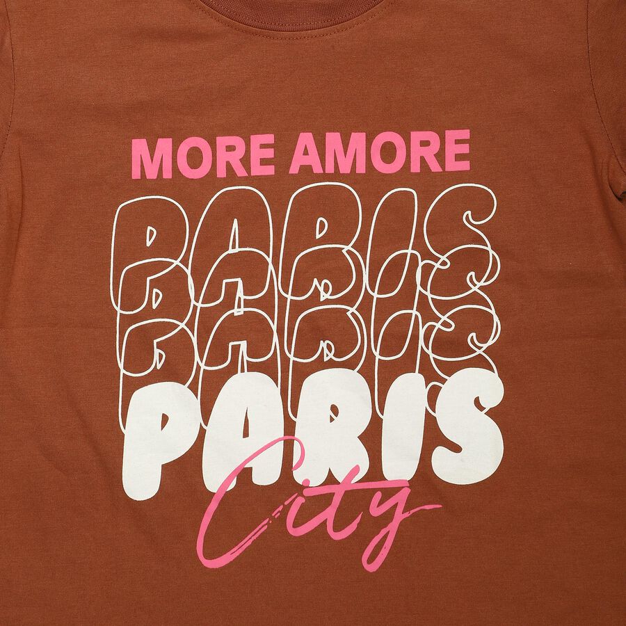 Girls Brown Round Neck Regular T-Shirt, भूरा, large