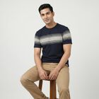 Men's Navy Blue Cotton Round Neck Striped Regular T-Shirt, नेवी ब्लू, small
