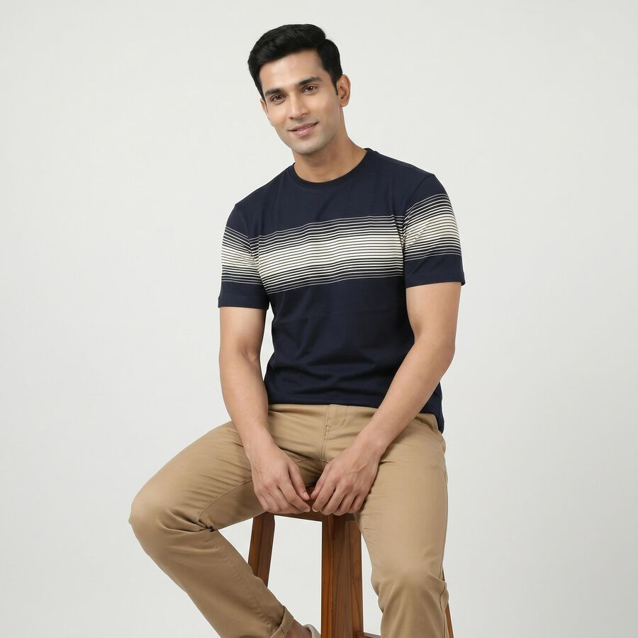 Men's Navy Blue Cotton Round Neck Striped Regular T-Shirt, नेवी ब्लू, large