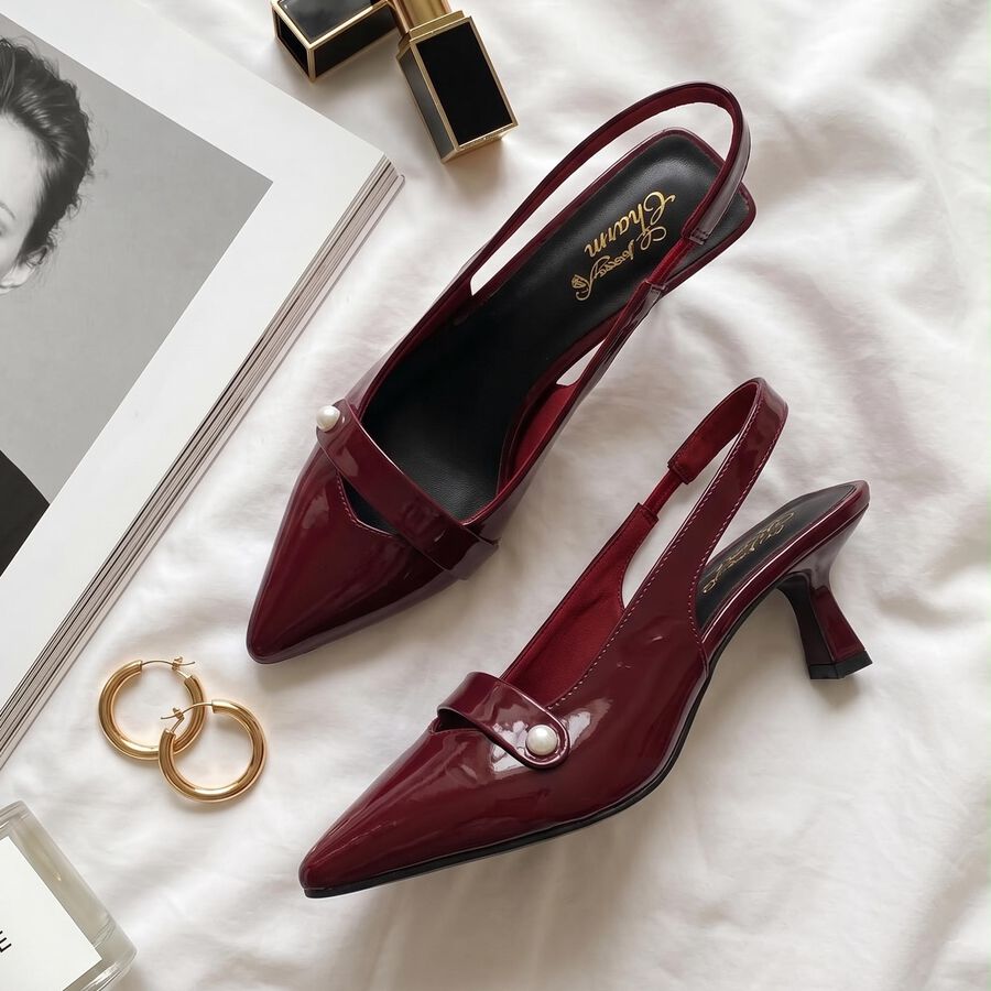 Women's Maroon Slingback Pointed Toe Heels, Maroon, large
