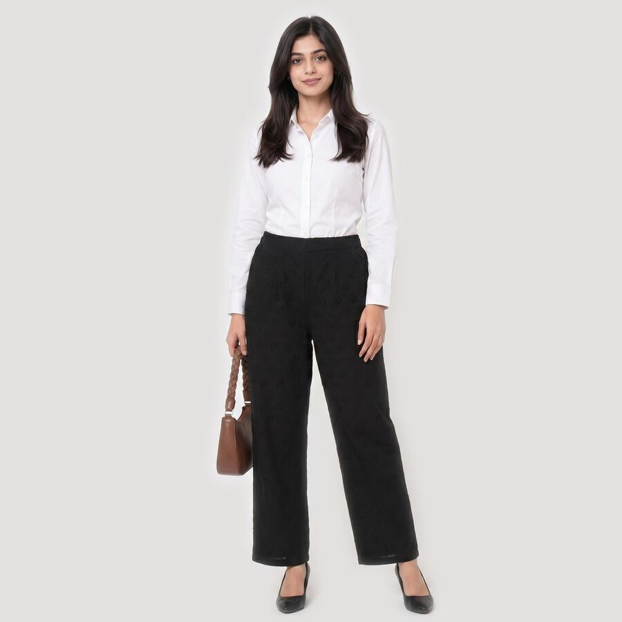 Women's Black Straight Fit Eyelet Trousers, Black, large