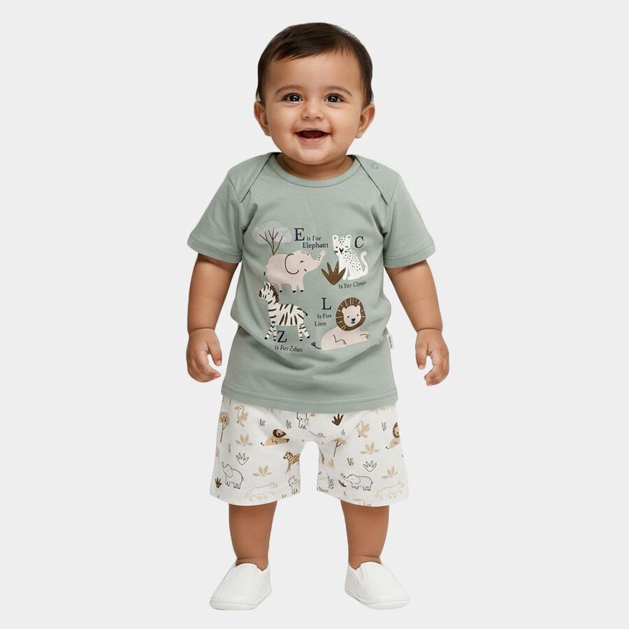 Infants' Mint Cotton Round Neck Animal Graphic Baba Suit, Light Green, large