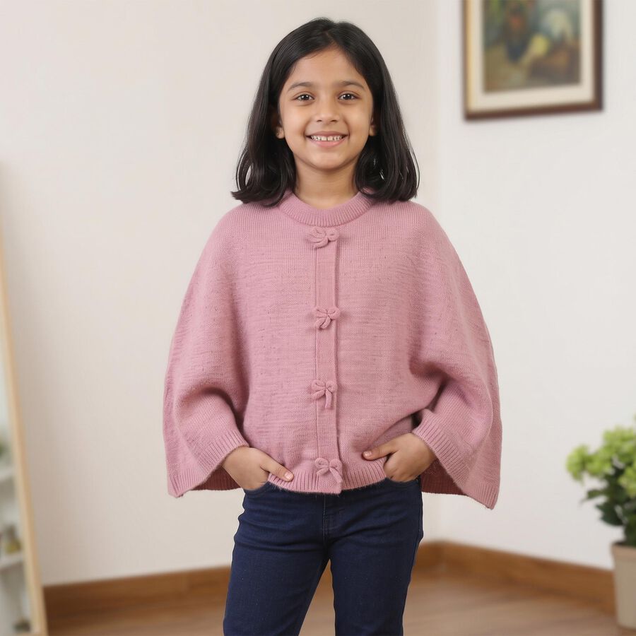 Girls' Pink Crew Neck Bow Accent Pullover, Pink, large