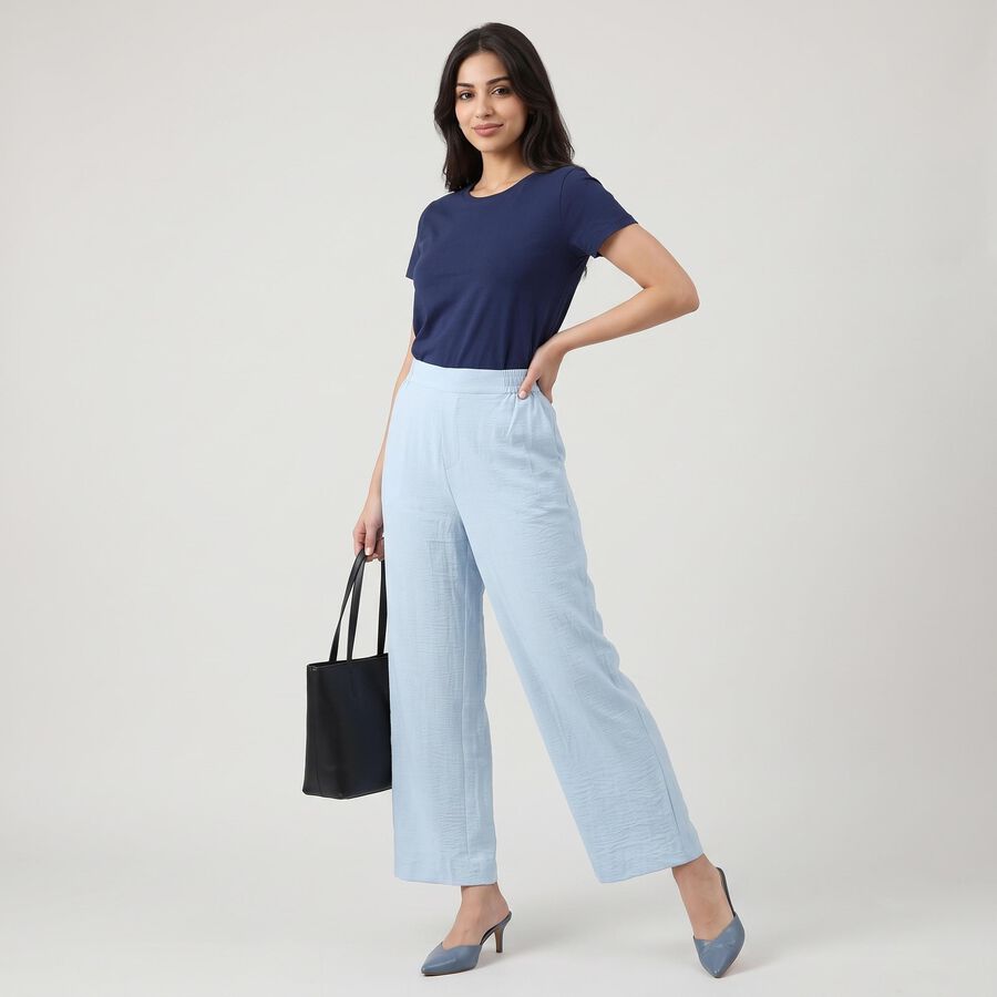 Women's Light Blue Wide Leg Elastic Waist Trousers, Light Blue, large