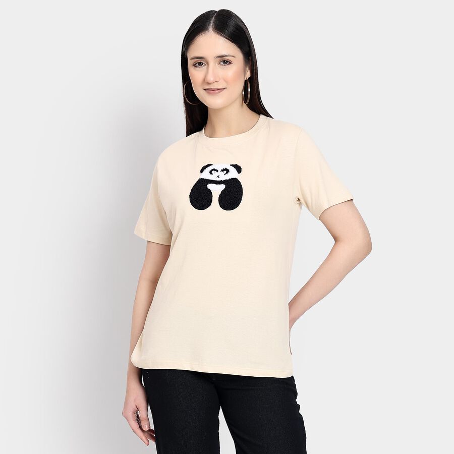 Ladies' 100% Cotton Round Neck T-Shirt , Beige, large