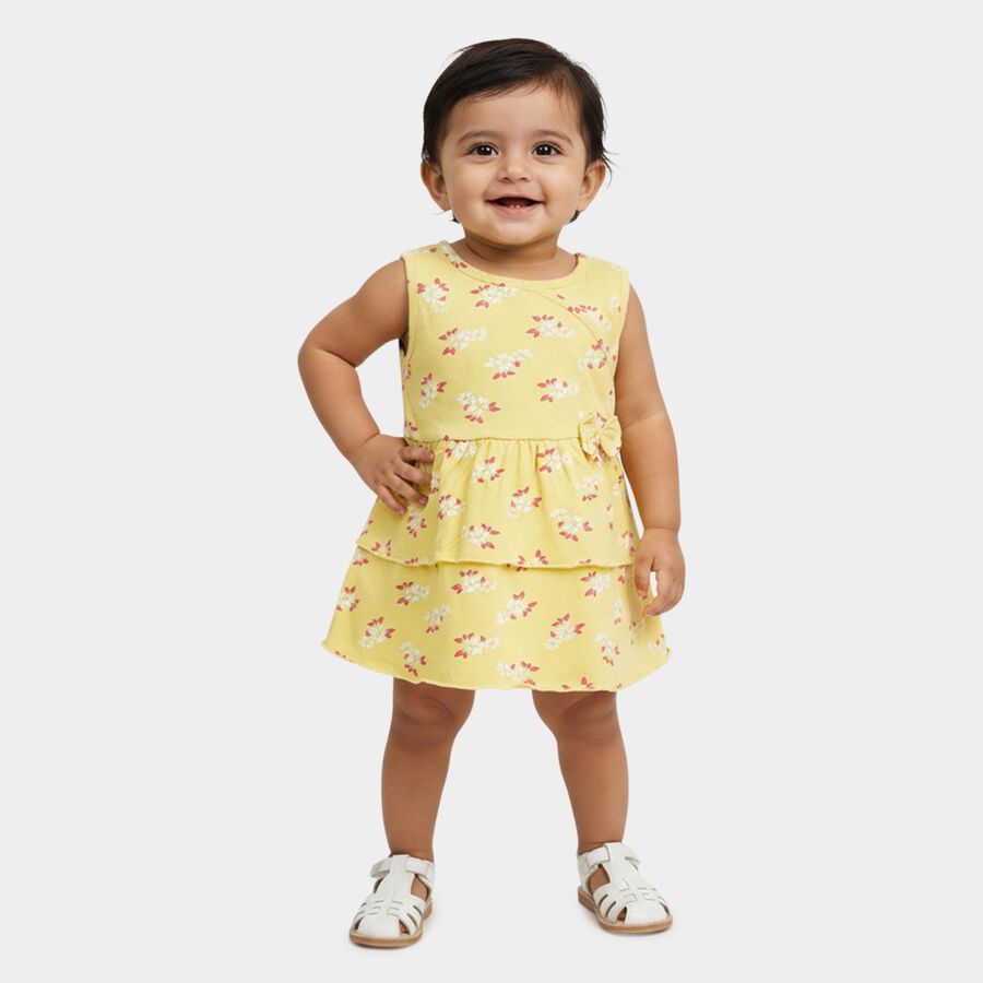 Infants' Bright Yellow Regular Fit Floral Printed Tiered Frock, Yellow, large