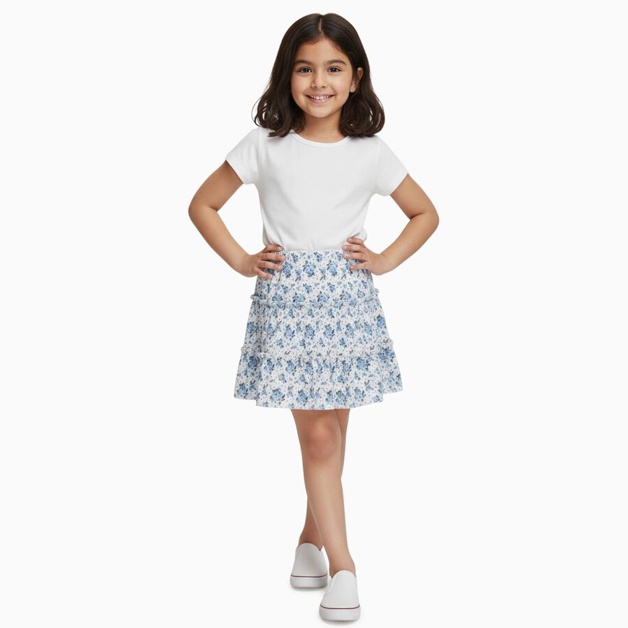 Girls' White and Blue Floral Tiered Mini Skirt, Light Blue, large