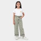 Girls' Green Wide Leg Washed Jeans, हल्का हरा, small