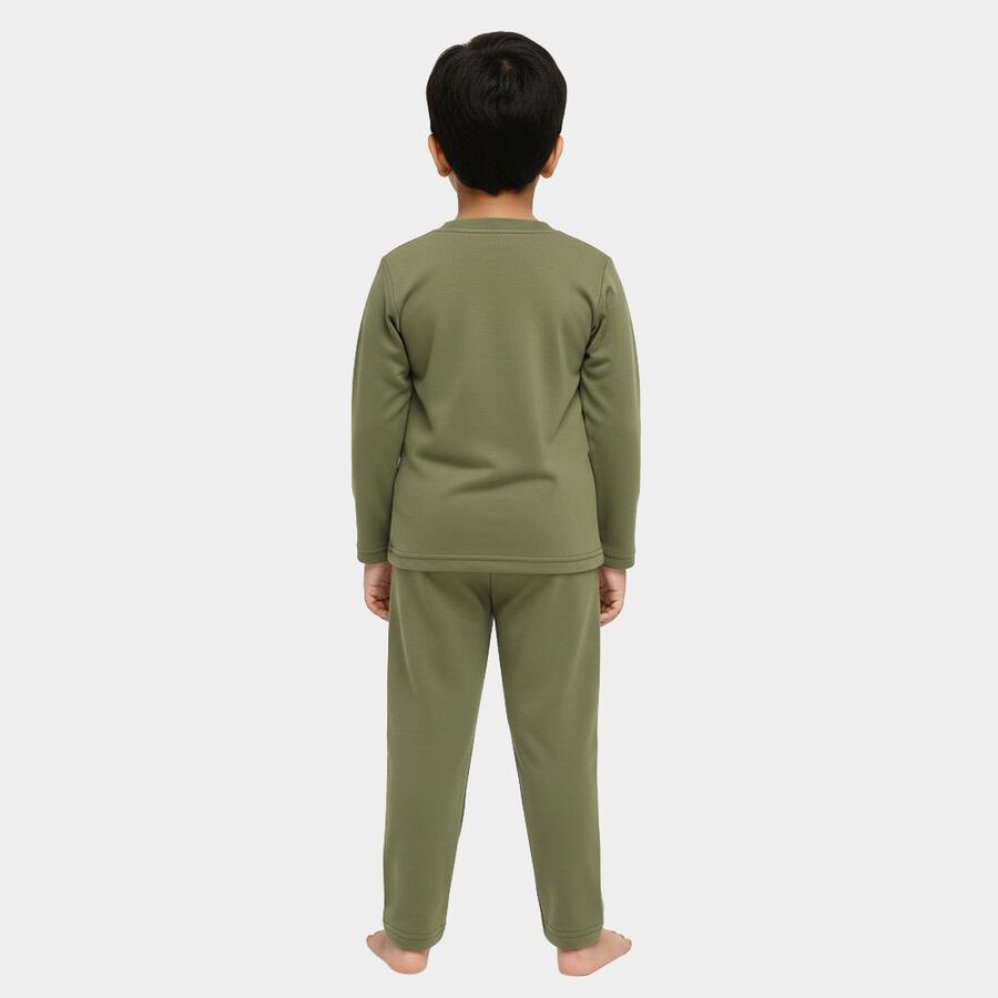 Boys' Olive Round Neck Bear Print Baba Suit, ओलिव, large image number null