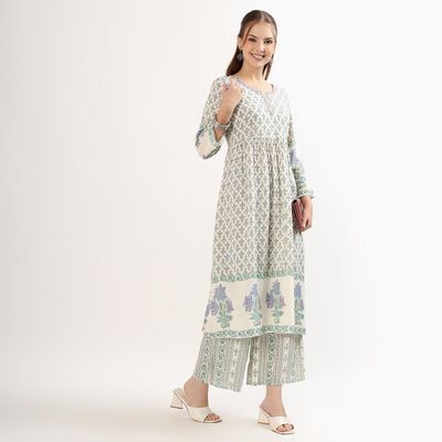 Women's Ivory Round Neck Floral Printed Kurta
