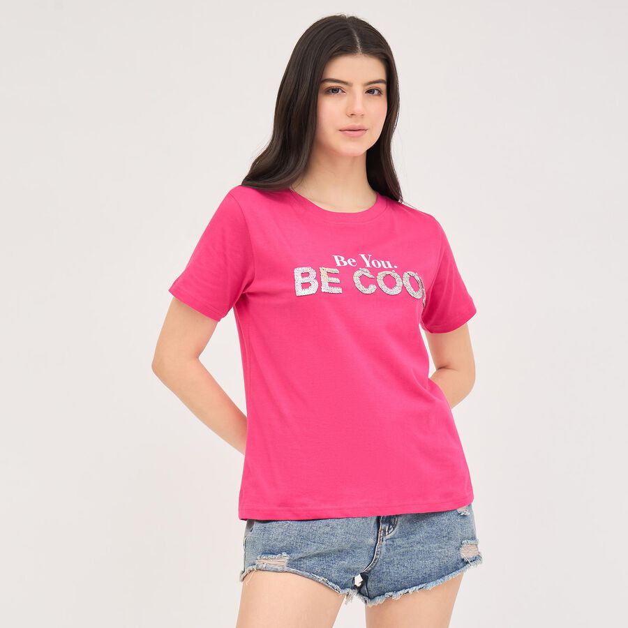Ladies' 100% Cotton Round Neck T-Shirt, रानी (फ्यूशिया), large image number null
