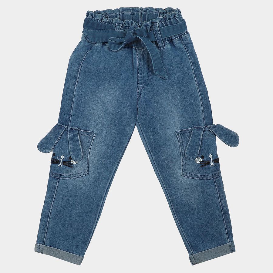 Girls' Light Blue Cargo Fit Tie-Up Waist Jeans, Light Blue, large