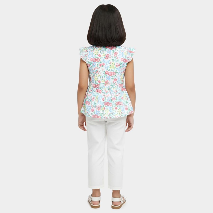 Girls' White Round Neck Floral Printed Top and Capri Set, White, large