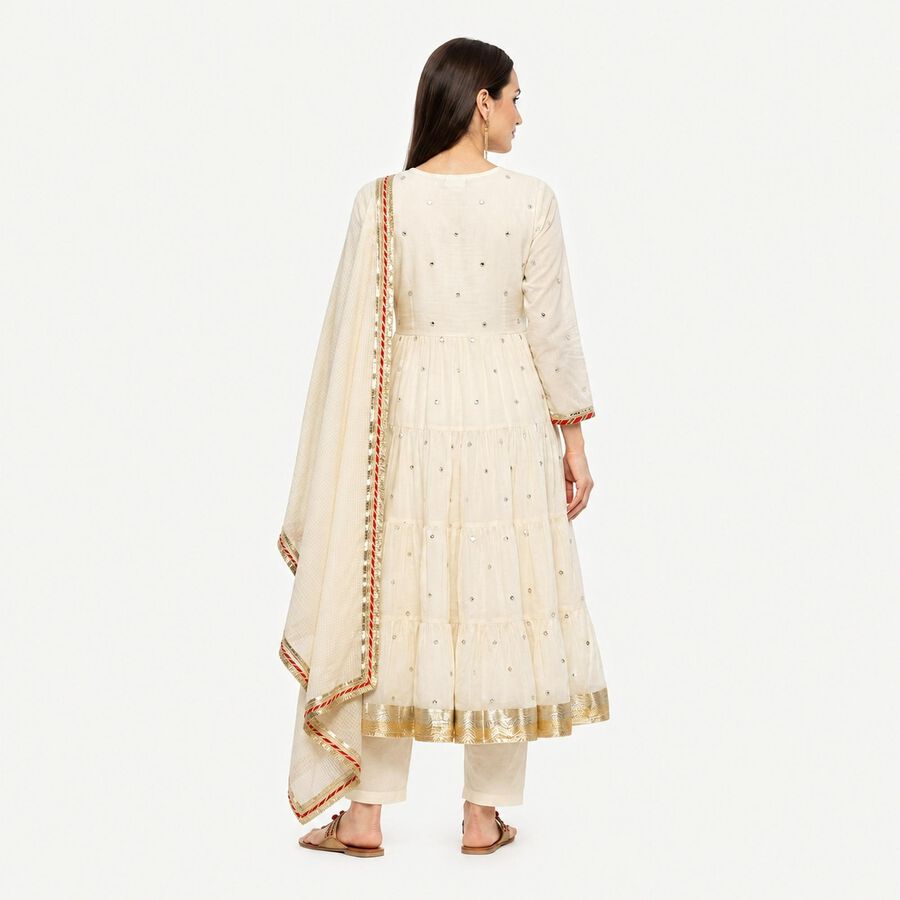 Women's Off White Cotton Round Neck Embellished Anarkali Kurta, Off White, large
