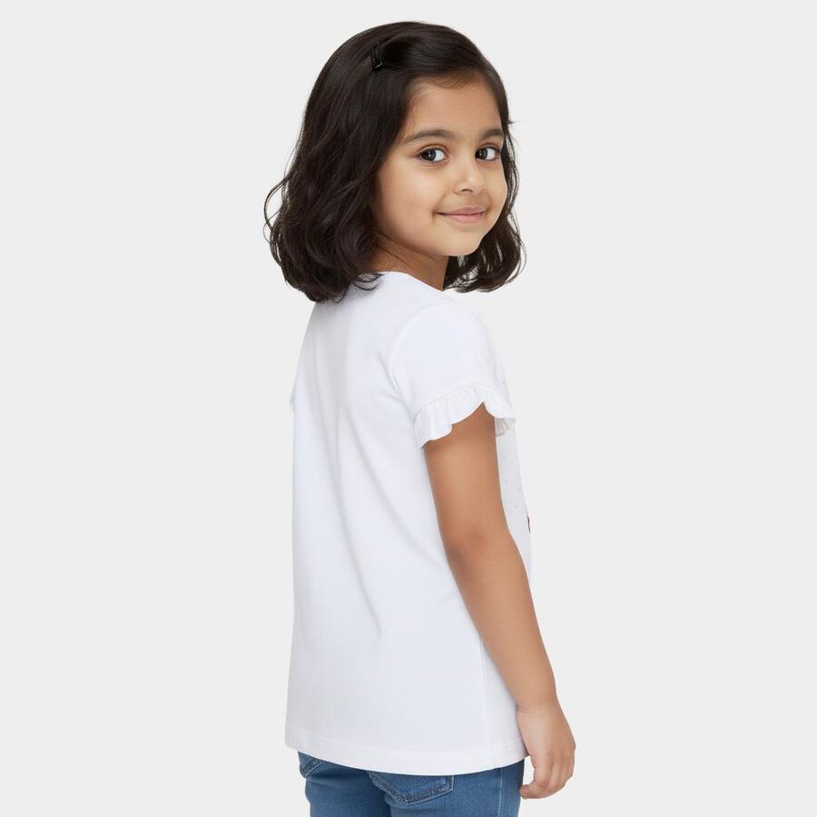 Girls White Cotton Round Neck Casual T-Shirt, सफ़ेद, large