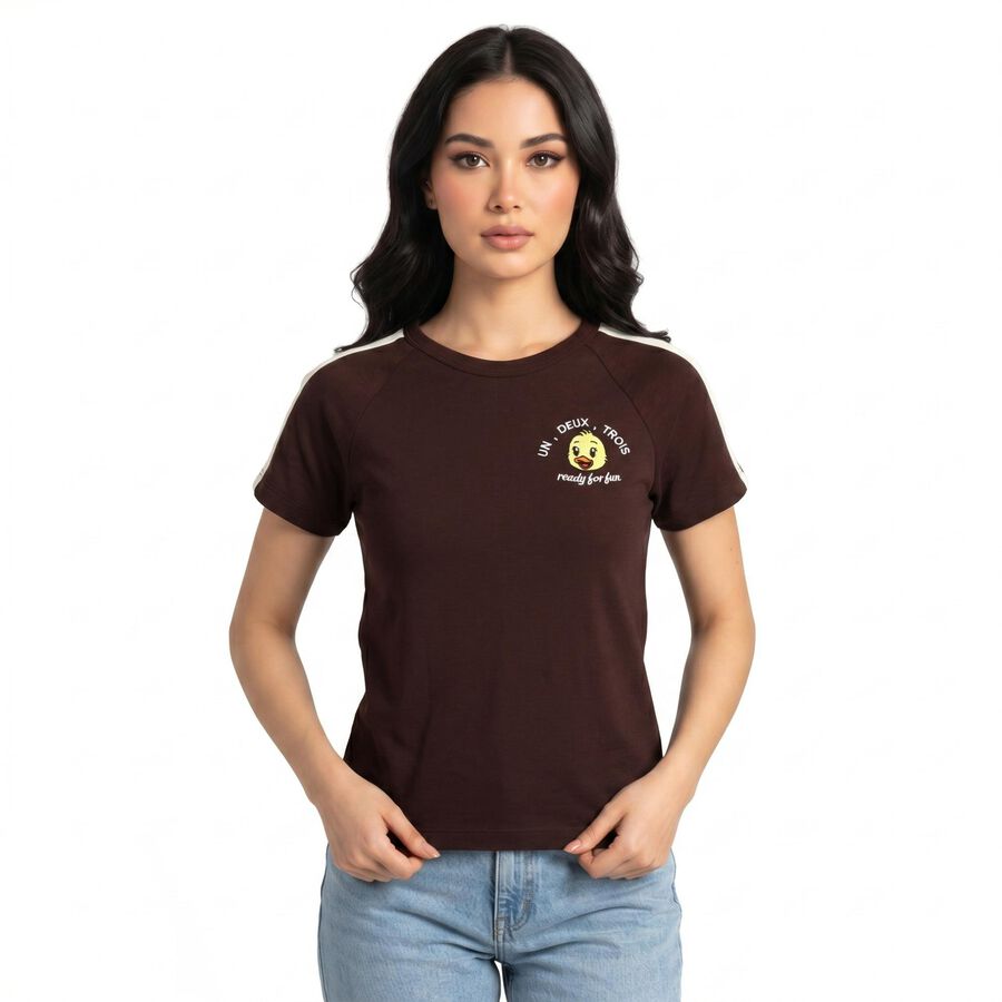 Women Wine Cotton Blend Round Neck Regular T-Shirt, वाइन, large
