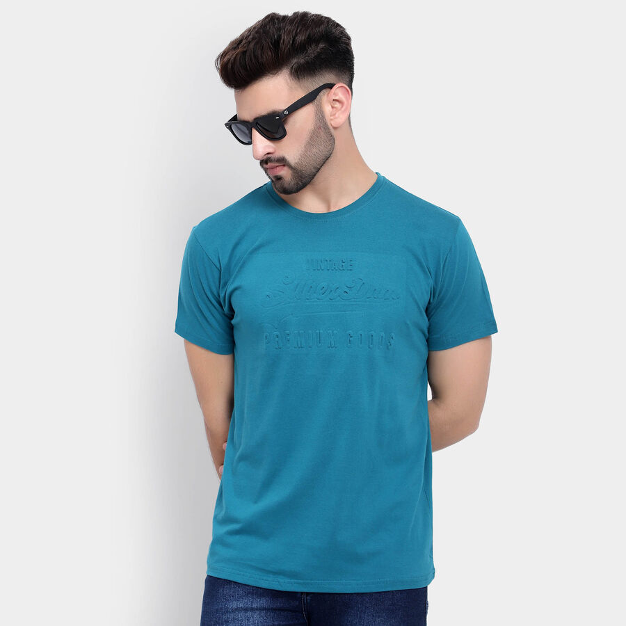 Cotton Solid Round Neck T-Shirt, Teal Blue, large image number null