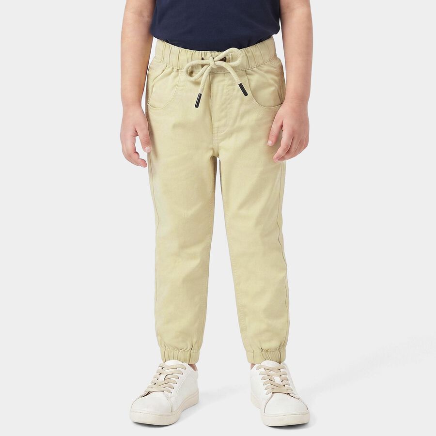 Boys' Beige Regular Fit Solid Jogger Trousers, गहरा पीला, large