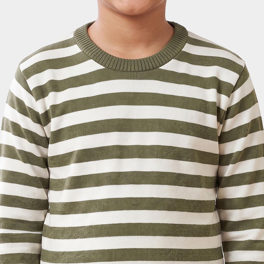 Boys' Olive Green Crew Neck Striped Pullover, ओलिव, large