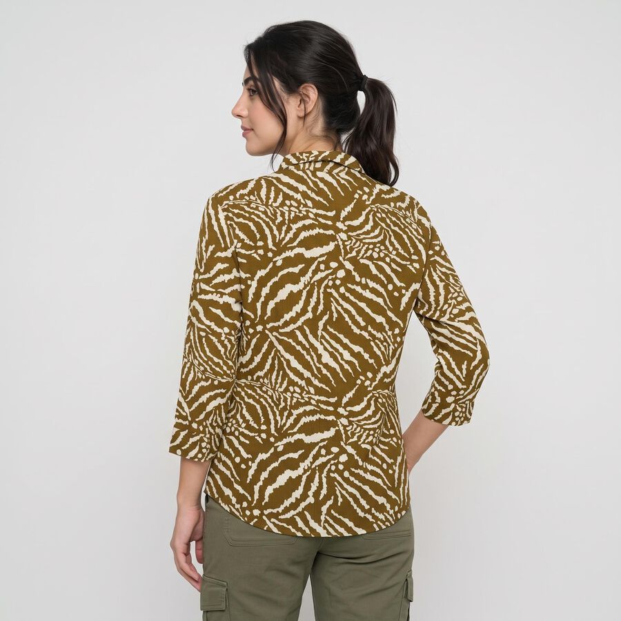 Women's Olive Green Printed Collar Regular Fit Shirt, ओलिव, large