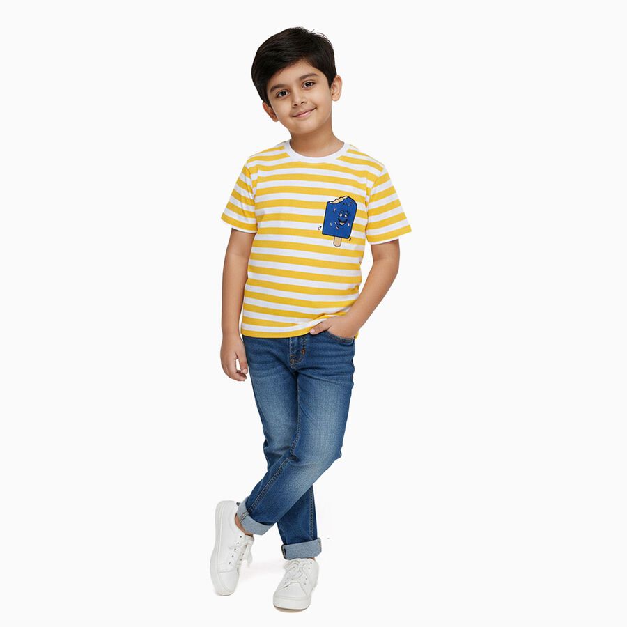 Boys Bright Yellow Cotton Round Neck Casual Half Sleeve T-Shirt, Yellow, large