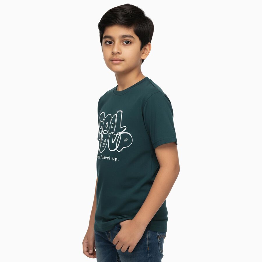 Boys Dark Green Crew Neck Casual T-Shirt, Dark Green, large