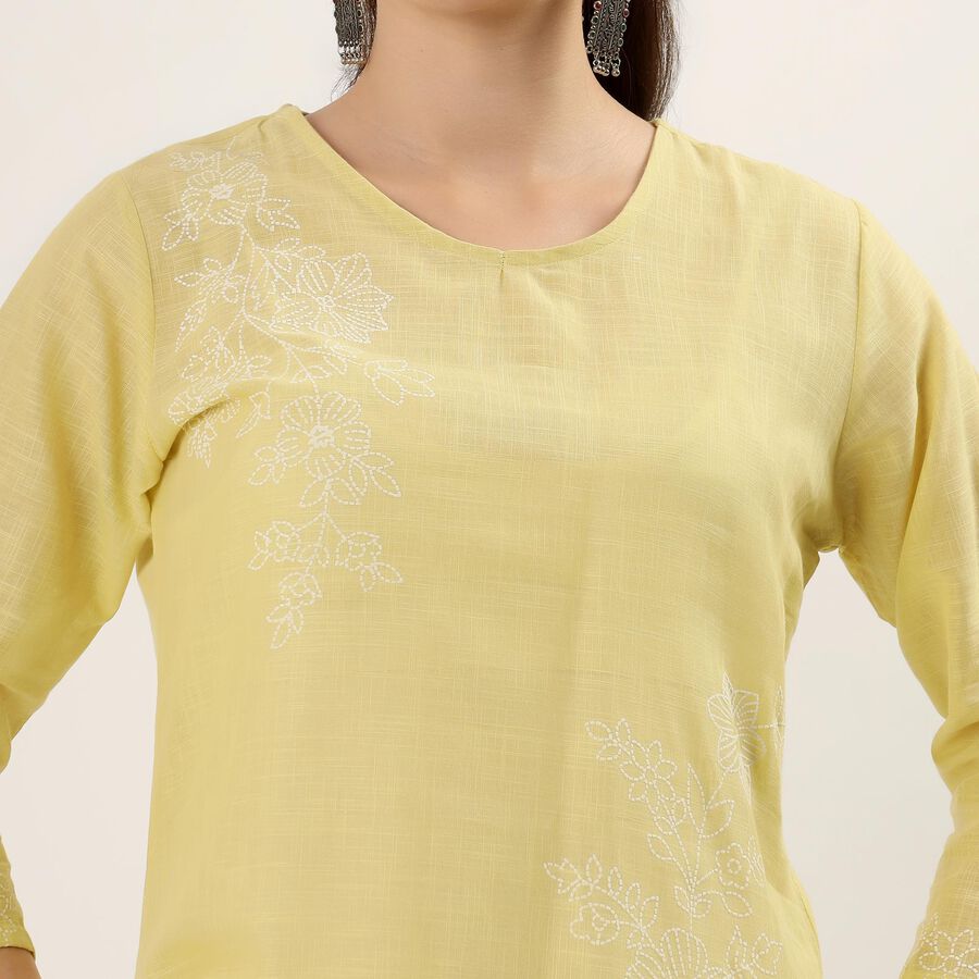 Women's Yellow 100% Cotton Round Neck Textured Kurta, पीला, large