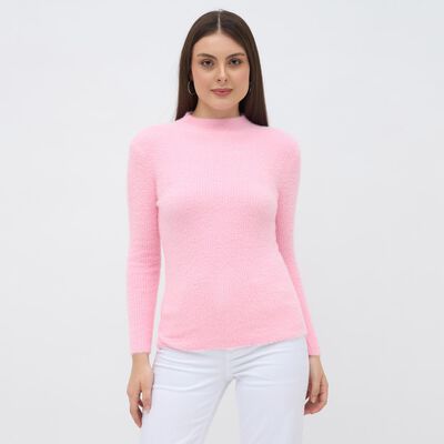 Women's Light Pink Crew Neck Slim Fit Pullover