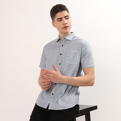 Men's Navy Blue Cotton Half Sleeve Classic Collar Casual Shirt