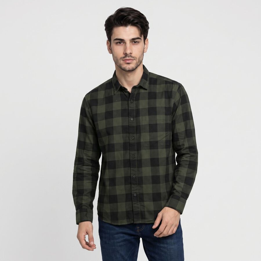 Men's Olive Green Cotton Long Sleeve Checked Shirt, Dark Green, large
