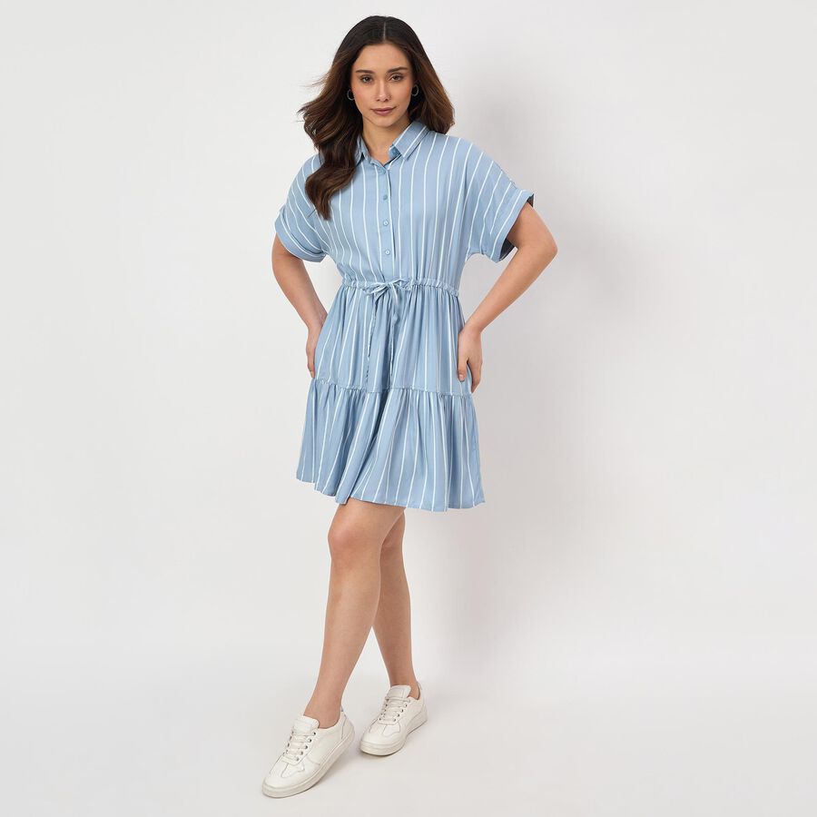 Women's Navy Blue Square Neck Floral Puff Sleeve Dress, Light Blue, large