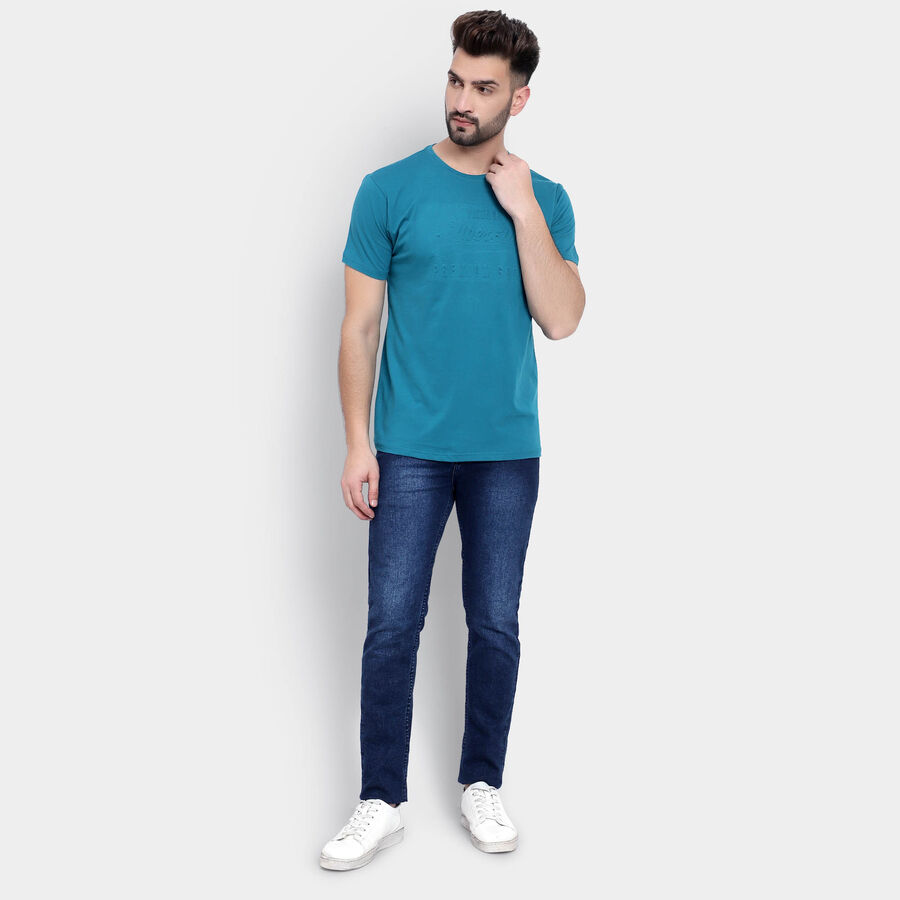 Cotton Solid Round Neck T-Shirt, Teal Blue, large image number null