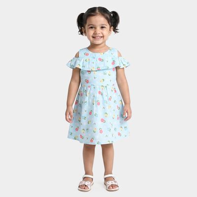 Girls' Light Blue Floral Printed Fit and Flare Frock