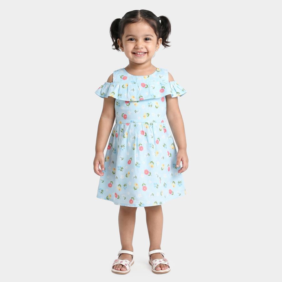 Girls' Light Blue Floral Printed Fit and Flare Frock, Light Blue, large