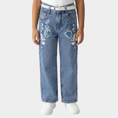 Girls' Light Blue Wide Leg Embroidered Jeans