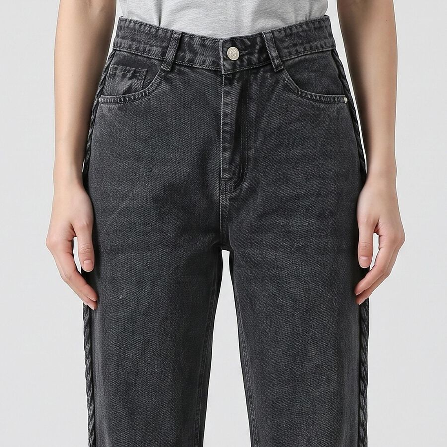 Women's Dark Grey Braided Side Detail Jeans, गहरा ग्रे, large