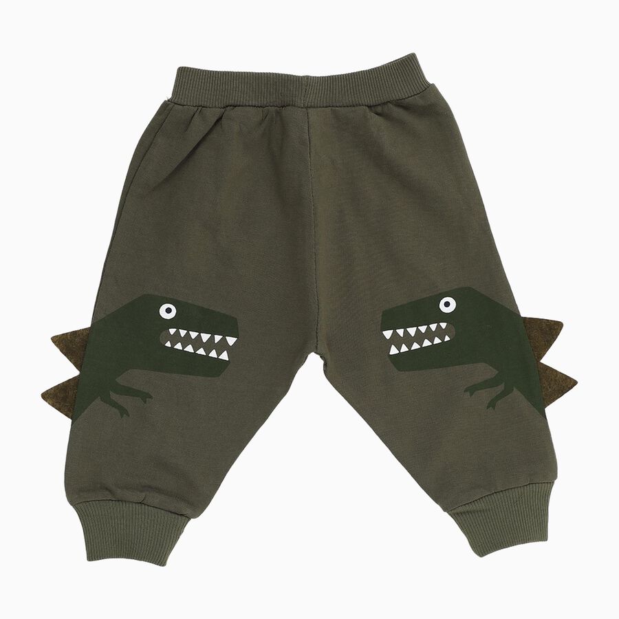 Infants Olive Green Dinosaur Printed Cotton Blend Pyjama, ओलिव, large image number null