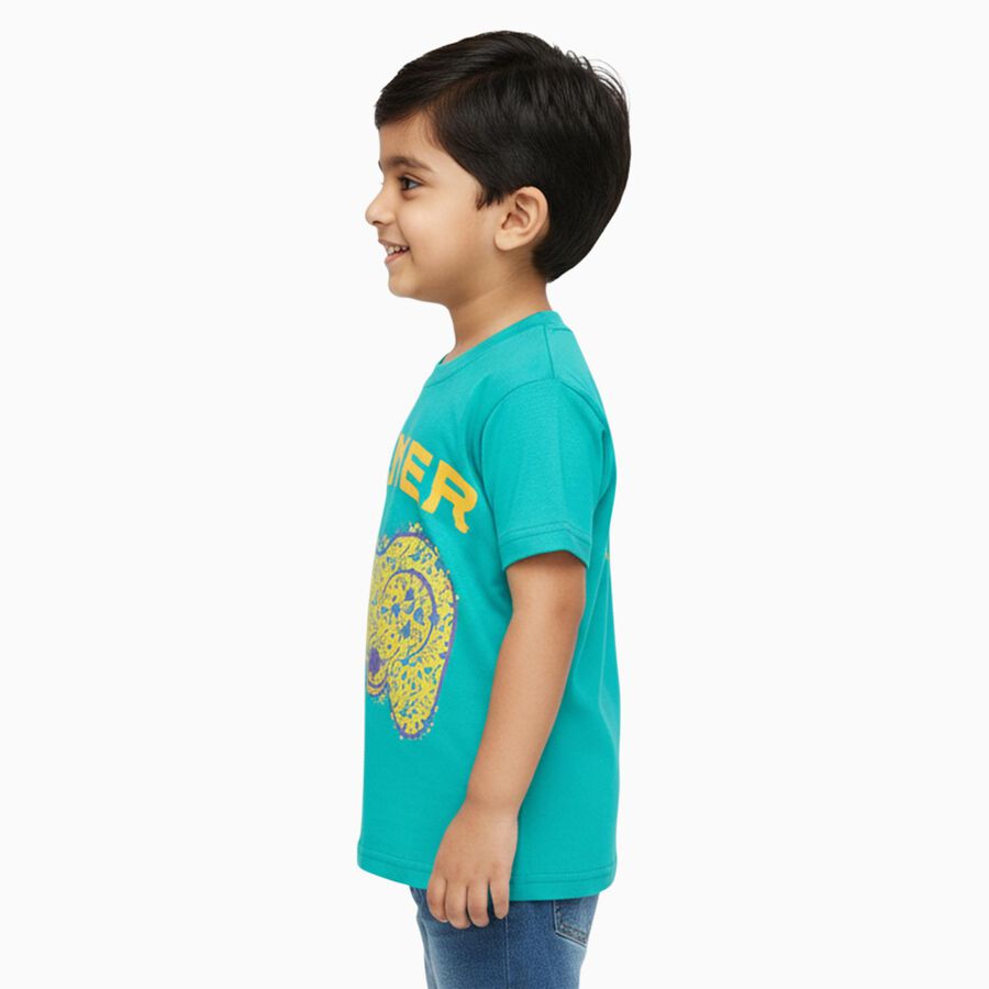 Boys Bright Turquoise Cotton Round Neck Casual T-Shirt, Dark Green, large