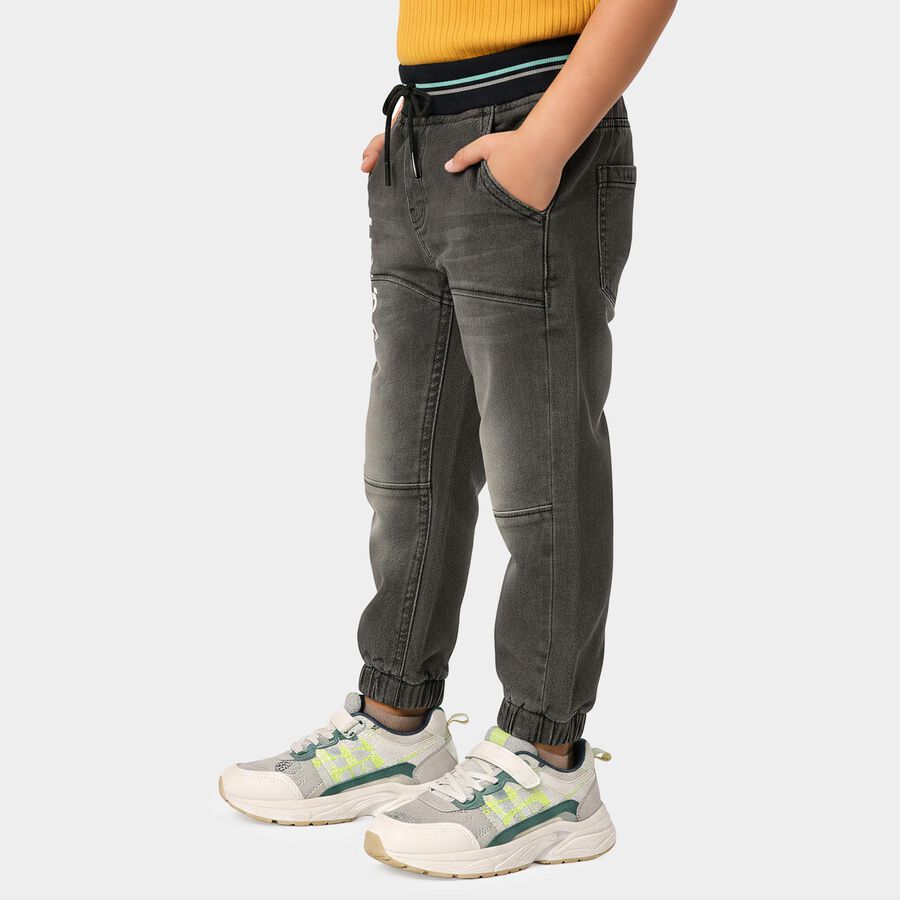 Boys' Black Jogger Fit Printed Jeans, काला, large