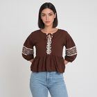 Women's Brown Round Neck Shirt, भूरा, small