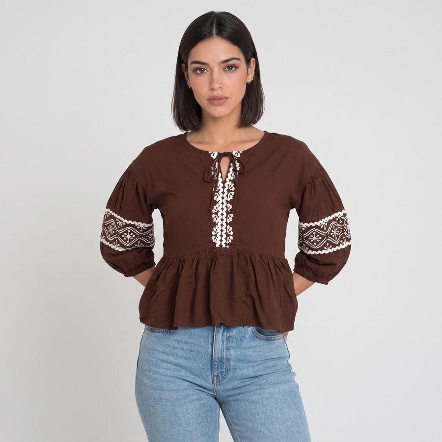 Women's Brown Round Neck Shirt, भूरा, large
