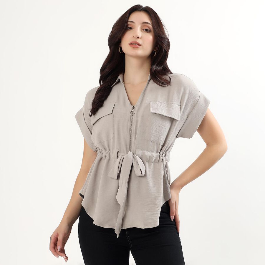 Women's Light Grey Half Sleeve Classic Casual Shirt, Light Grey, large