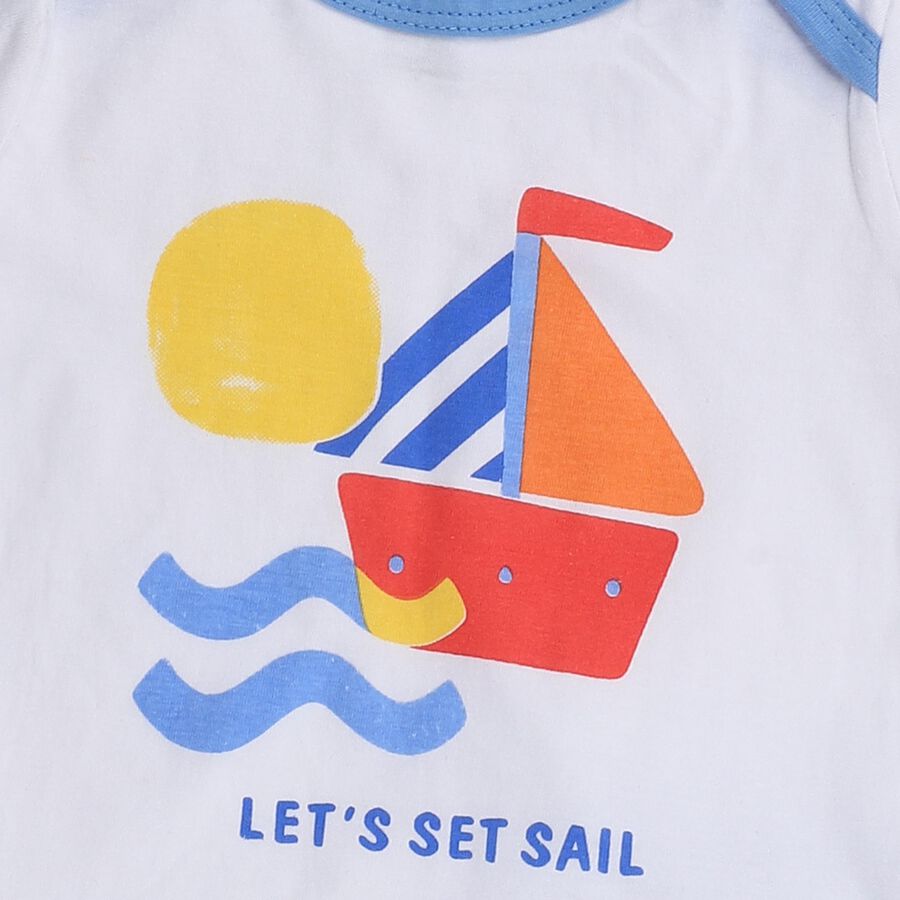 Infants' White Cotton Raglan Neck Boat Print Baba Suit, मध्यम नीला, large image number null