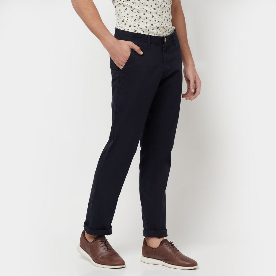 Solid Cross Pocket Slim Fit Trousers, Navy Blue, large image number null